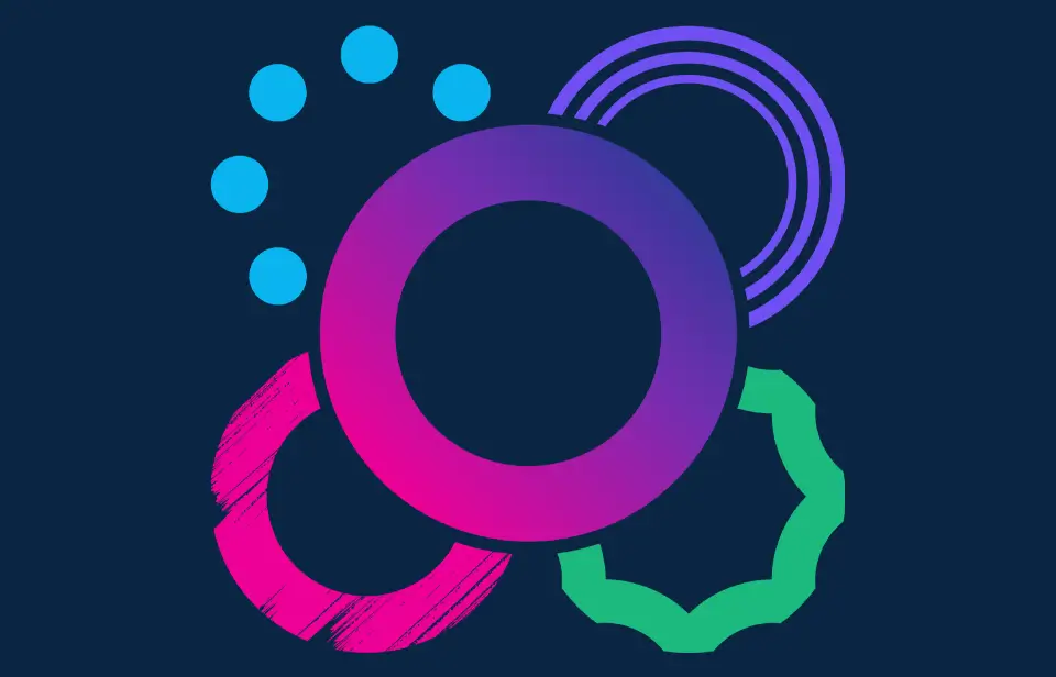 Abstract graphic with overlapping rings in purple, pink, green, and blue on a dark background. One ring is solid, one is dashed, one is textured, and one is made of dots.