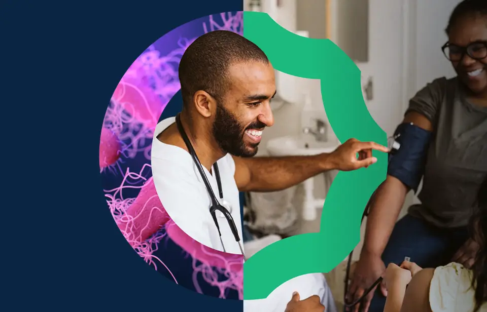 A smiling healthcare worker checks a patient's blood pressure. The image is split; one half shows medical imagery with pink and purple shapes, and the other half shows the patient and provider.