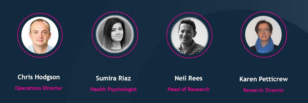 Four headshots with names and titles: Chris Hodgson, Operations Director; Sumira Riaz, Health Psychologist; Neil Rees, Head of Research; Karen Petticrew, Research Director, on a dark background.