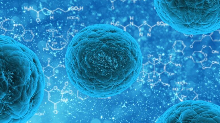 Close-up illustration of blue cells under a microscope, with various chemical formulae and molecular structures floating in the blue background, representing a scientific or biological theme.