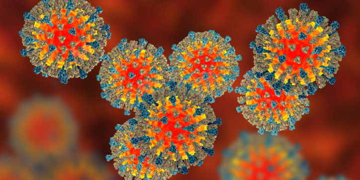 Colourful, spherical virus particles with textured surfaces are shown against a blurred red background, representing a microscopic view of viruses.