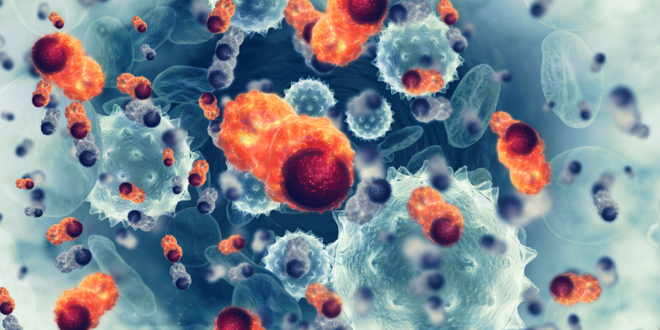 Illustration of cancer cells among healthy cells, with prominent orange and red tumour cells surrounded by blue and grey healthy cells, representing a microscopic view of cellular activity.