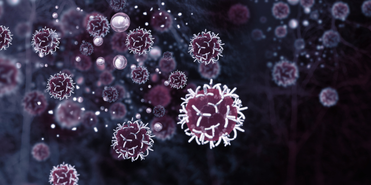Digital illustration of multiple virus-like particles floating against a dark, blurred background, with detailed outer spikes and a glowing effect highlighting their structure.