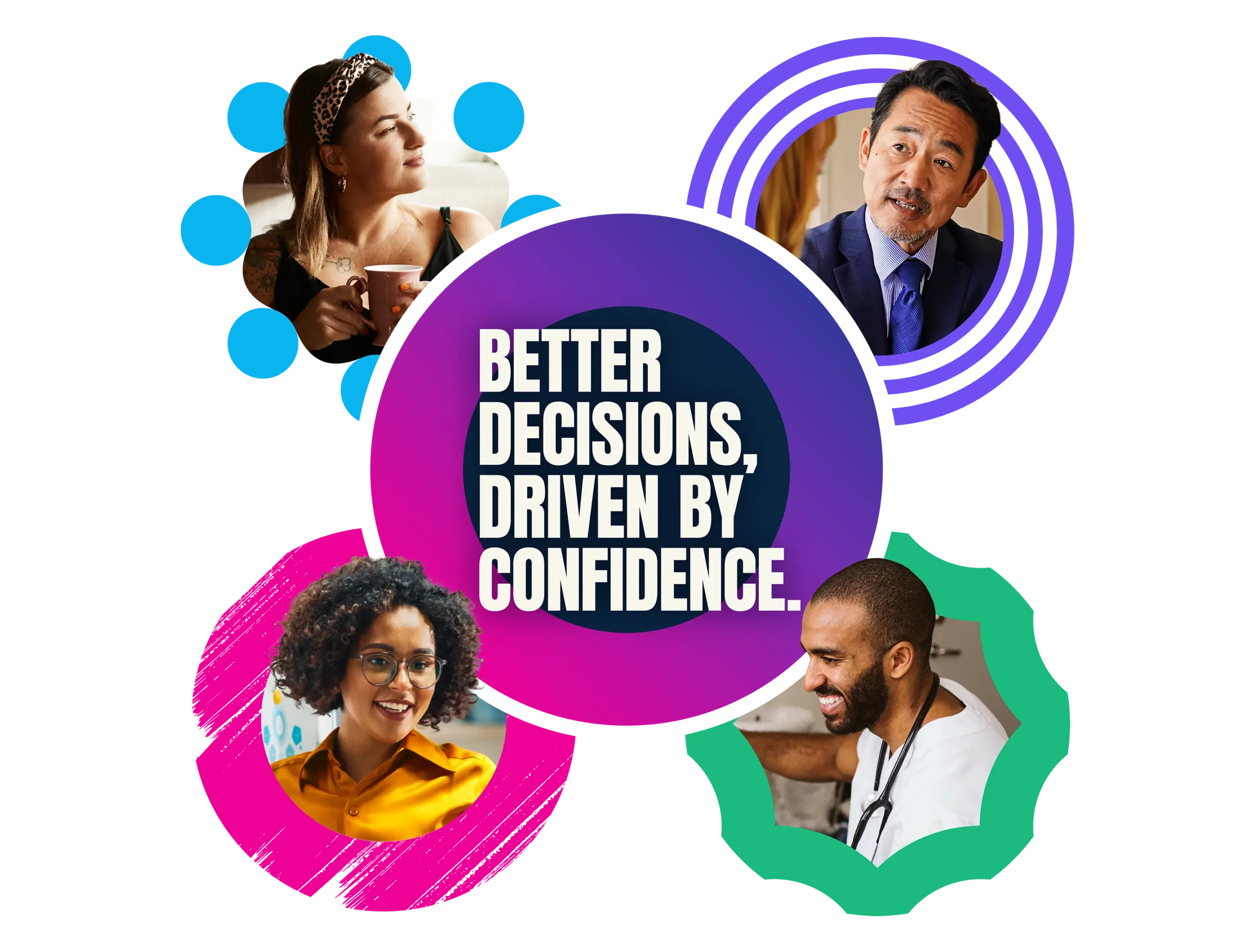Better decisions, driven by confidence. Surrounded by photos of a patient, a business leader, a professional and a doctor.