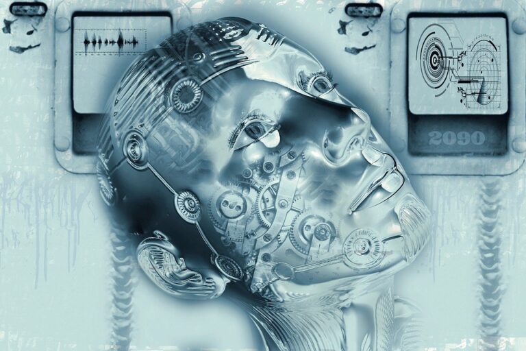 A futuristic illustration of a metallic humanoid robot head with visible gears and circuits, set against a blue background with digital panels and technical graphics.
