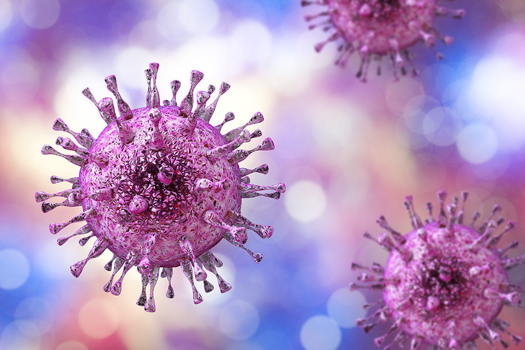 A close-up illustration of a purple virus with spike proteins, set against a blurred blue, pink, and purple background.
