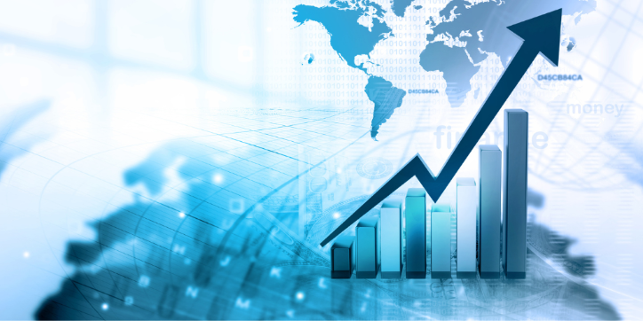 A 3D bar chart with an upward arrow overlays a digital world map, symbolising global financial or business growth. The image has a blue tint and abstract financial data elements in the background.