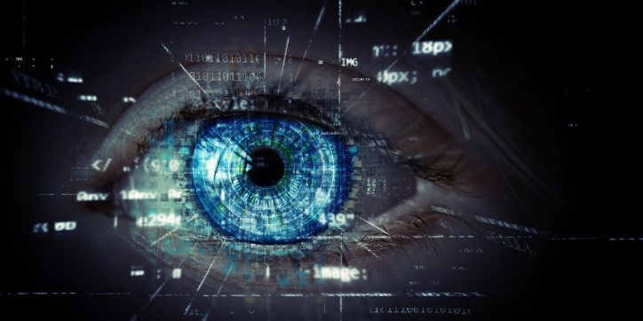 A close-up of a blue human eye with digital codes and data streams superimposed, suggesting technology, cyber security, or artificial intelligence themes.