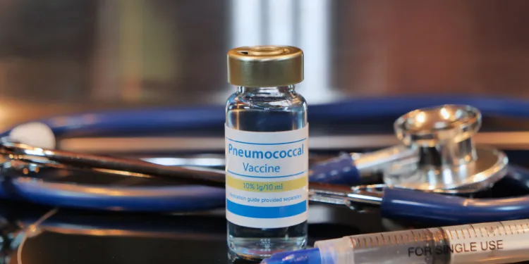 A vial labelled Pneumococcal Vaccine sits on a reflective surface next to a stethoscope and a syringe, indicating a medical setting.