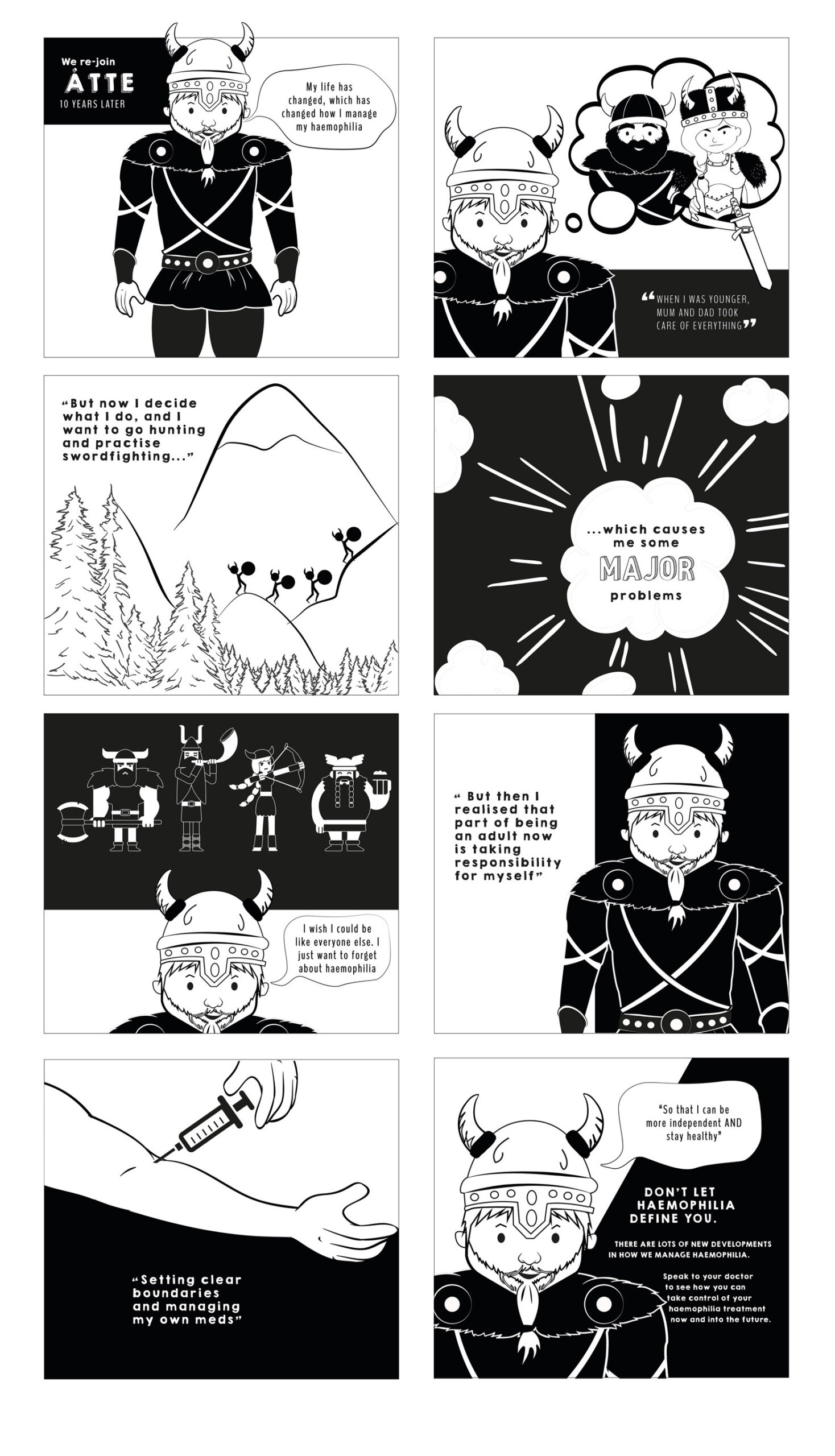 A comic shows a Viking feeling pressure to drink alcohol, struggling with peer influence, and eventually deciding to stay sober and define his own path.