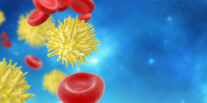 Red blood cells and spiky yellow immune cells floating against a blue background, representing elements of the bloodstream or immune system.