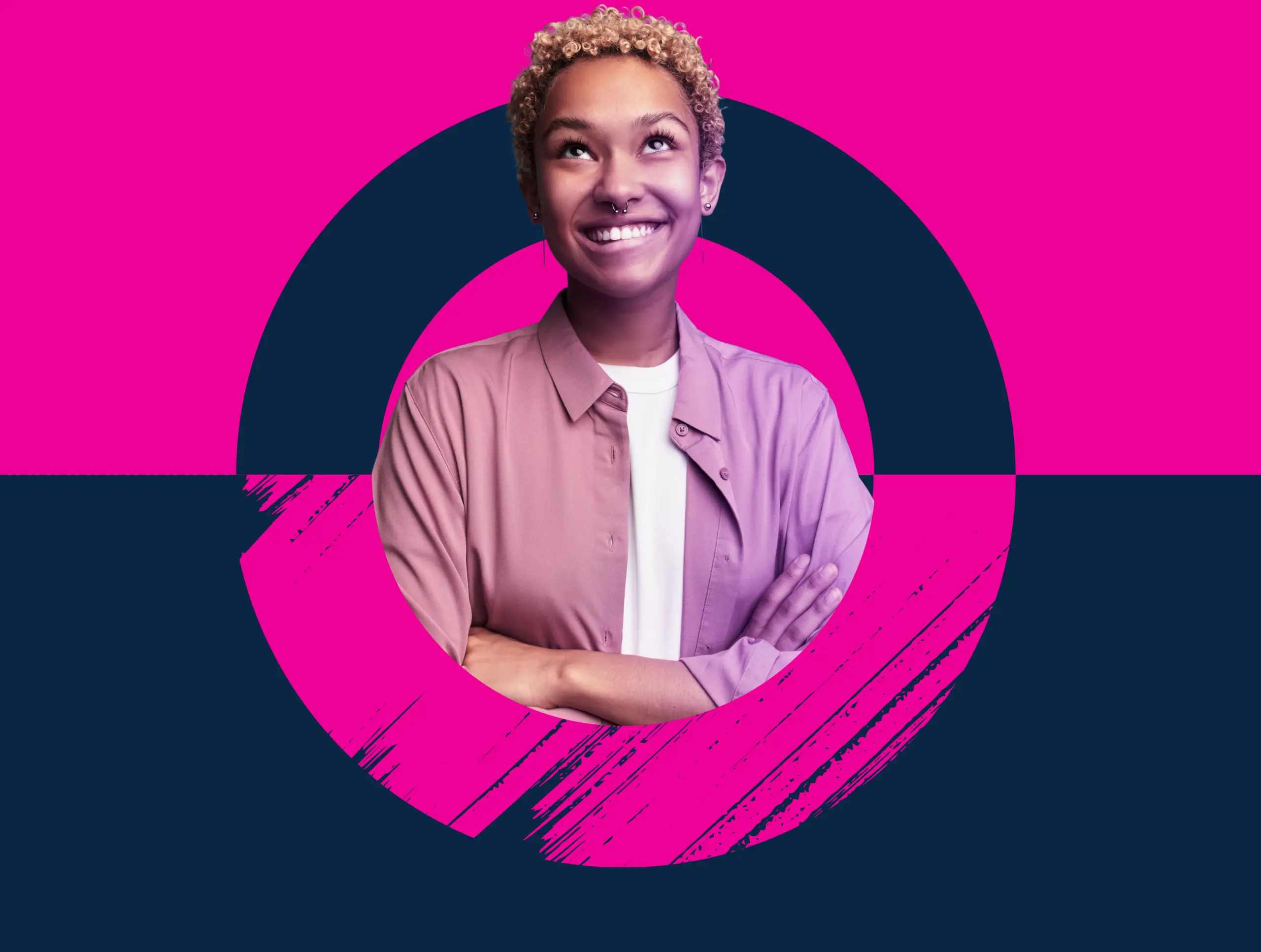 Smiling woman looking upwards with arms folded, framed by OPEN Health's pink and navy ring graphic