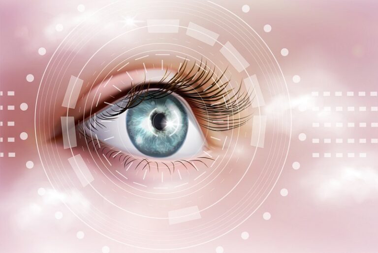 A human eye with long eyelashes is surrounded by digital circular graphics, suggesting technology or biometric scanning, set against a soft pink background with light effects.