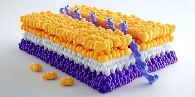 A 3D illustration of a biological membrane with yellow, white, and purple layers, featuring a blue protein structure spanning through them.