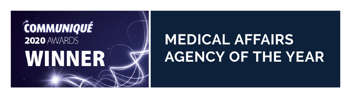 Banner stating Communiqué 2020 Awards Winner: Medical Affairs Agency of the Year with a dark background and white light streaks on the left side.