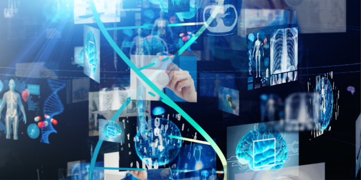 Digital collage featuring DNA strands, human body diagrams, brain scans, and scientific data visualisations, symbolising medical and technological advancements.