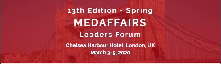 Red banner with text: 13th Edition - Spring MEDAFFAIRS Leaders Forum, Chelsea Harbour Hotel, London, UK, 3-5 March 2020. Faded image of London's Tower Bridge in the background.