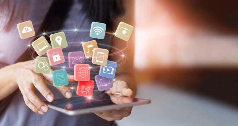 A person uses a tablet, with colourful digital app icons floating above the screen, representing various functions like shopping, email, and social media.