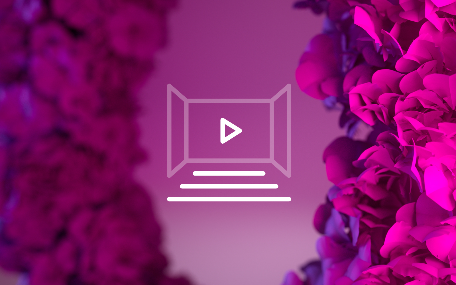 A play button icon is centred over a blurred background with pink and purple flower petals on both sides.