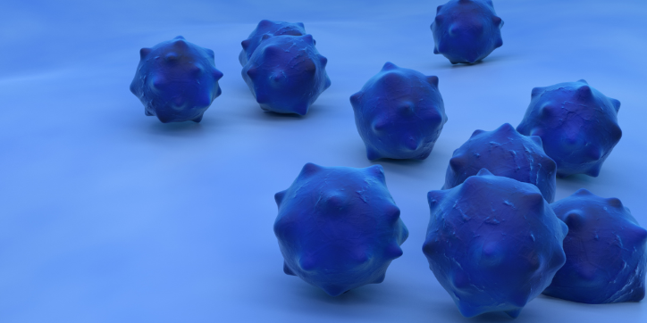 Nine spiky blue spheres rest on a smooth, blue surface, resembling microscopic cells or viruses viewed under magnification.