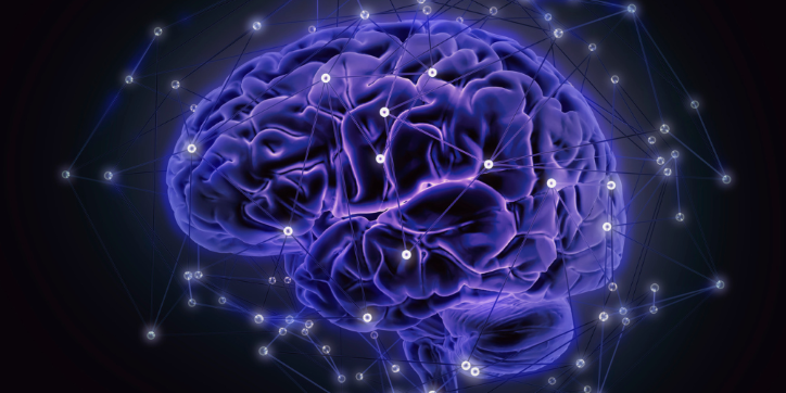 A glowing digital illustration of a human brain surrounded by interconnected nodes and lines, symbolising neural networks and connections on a dark background.