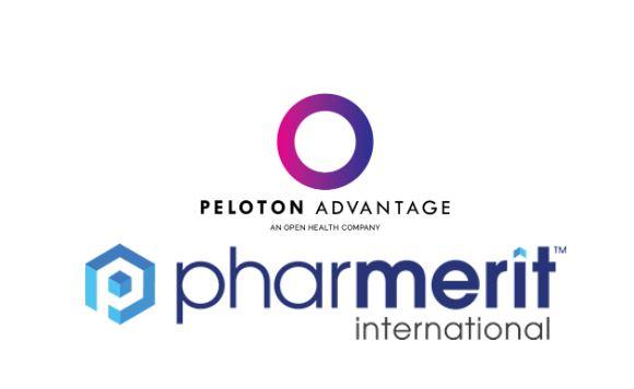 Two logos: Peloton Advantage, featuring a purple and pink gradient circle, and Pharmerit International, with blue text and a hexagon graphic. Both companies are related to health and pharmaceuticals.
