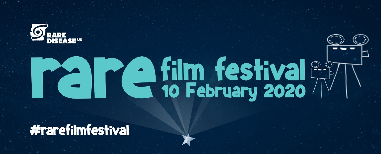 Poster for the Rare Disease UK Rare Film Festival on 10 February 2020, with cartoon film cameras and a star spotlight. Hashtag #rarefilmfestival displayed at the bottom.