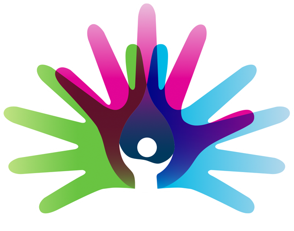 Five colourful overlapping handprints form a fan shape, with a white figure inside a blue droplet centred at the palm, symbolising unity, diversity, and support.