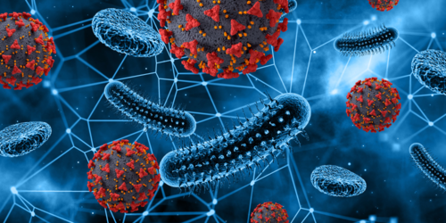 Digital illustration showing spiky red and grey viruses and blue rod-shaped bacteria against a blue network background, representing microscopic pathogens such as viruses and bacteria in a cellular or technological environment.