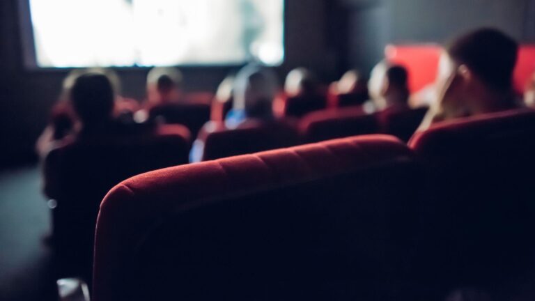 People sitting in red seats inside a dimly lit cinema, facing a blurry screen at the front; the image is focused on the backs of the seats.