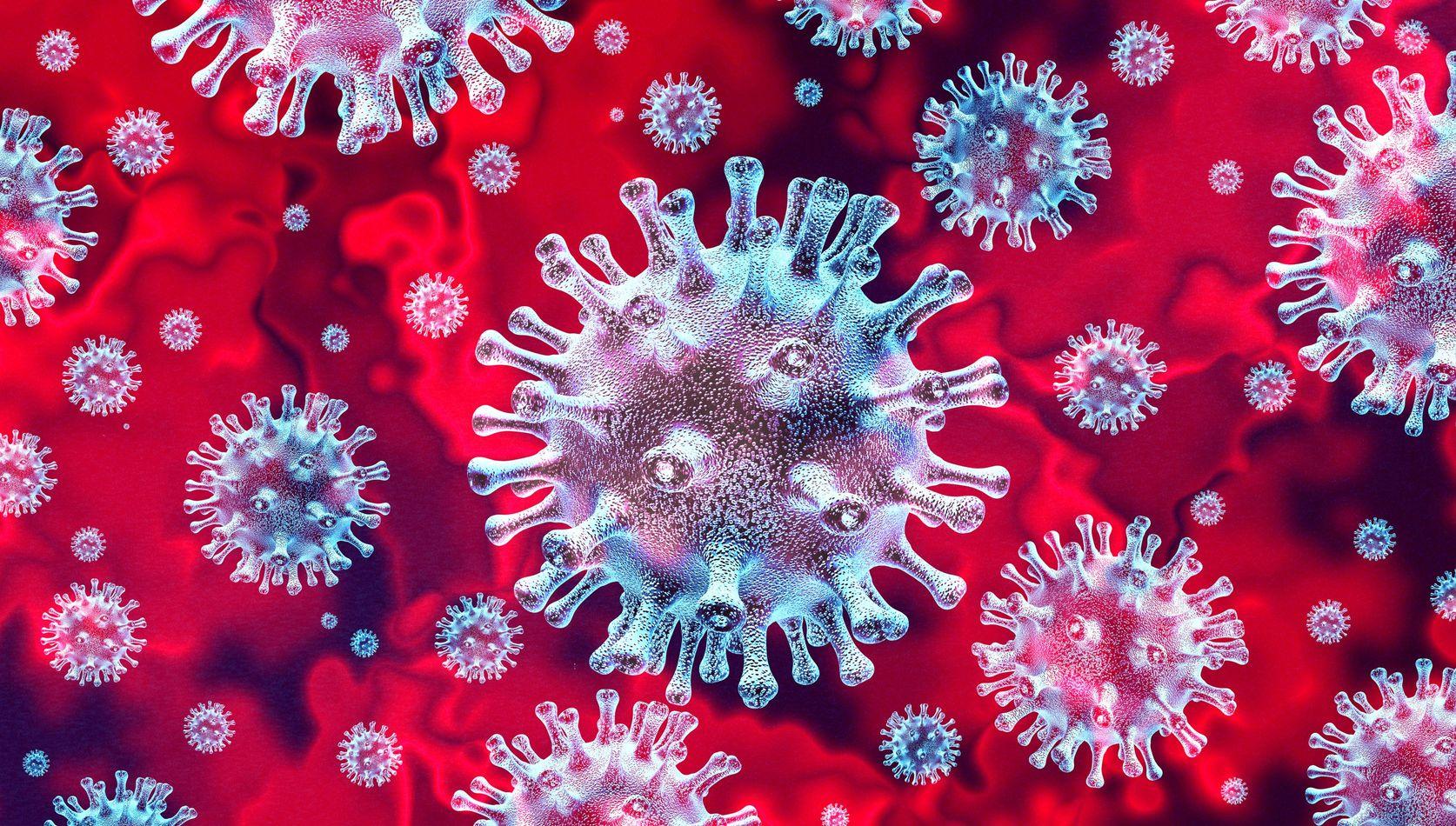 Illustration of multiple coronavirus particles, depicted as spiky, spherical blue and white shapes, floating against a red background.