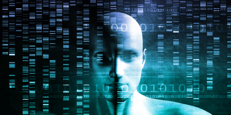 A digital human face with binary code and DNA sequences overlaid, symbolising the intersection of technology, artificial intelligence, and genetics.
