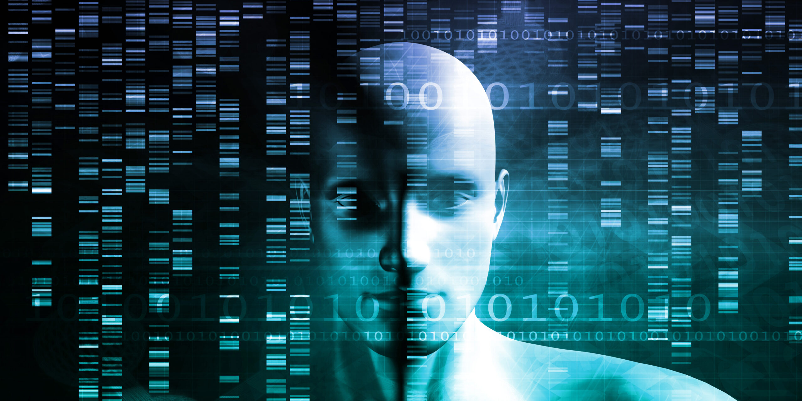 A digital human face with binary code and DNA sequences overlaid, symbolising the intersection of technology, artificial intelligence, and genetics.