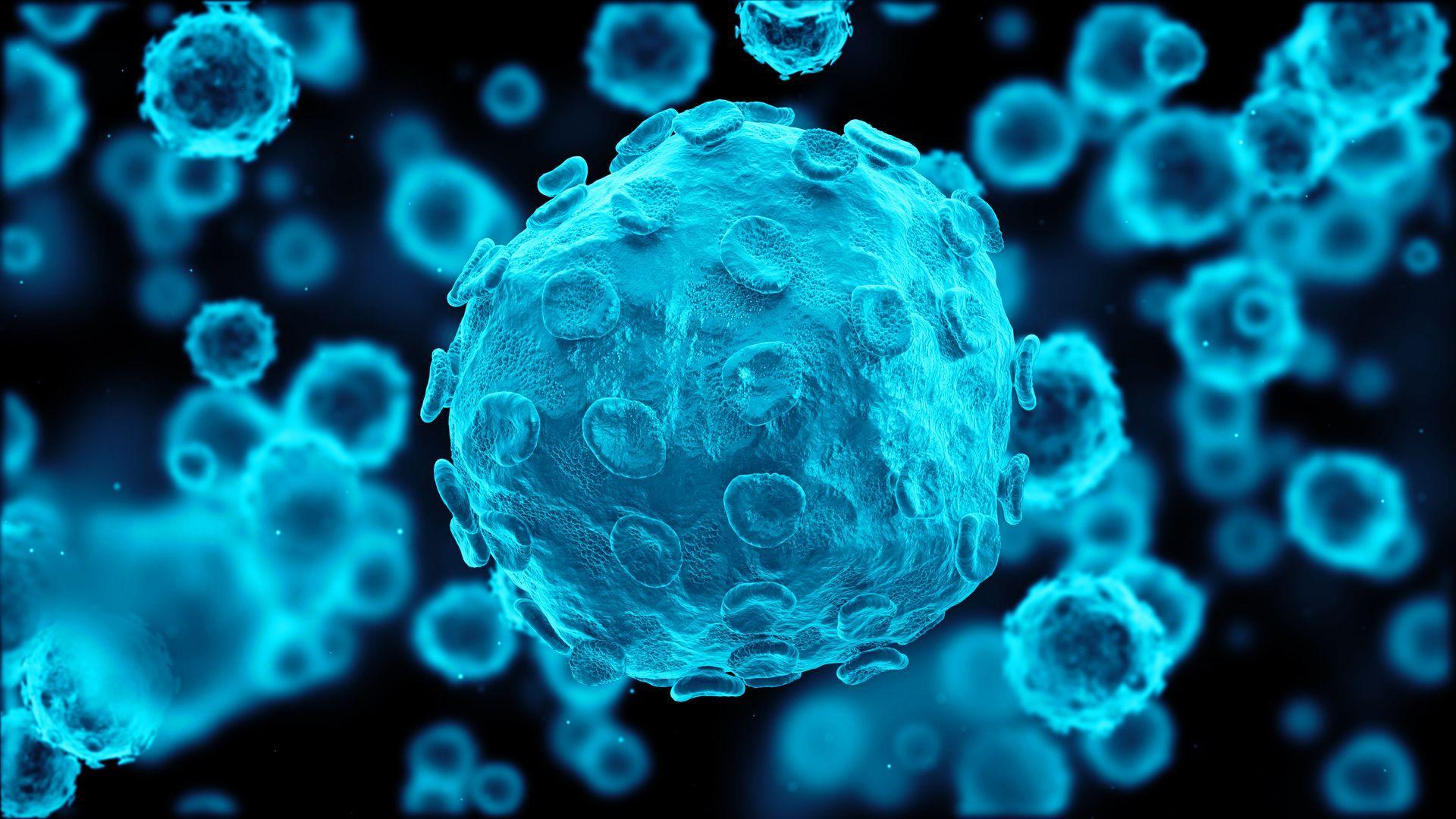 Digital illustration of blue, spherical virus or bacteria cells under a microscope, with one large cell in sharp focus in the centre and several blurred cells in the background.