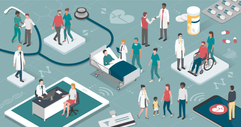 Illustration of diverse patients and healthcare professionals interacting in various medical settings, including consultations, hospital beds, wheelchair use, medication, and health symbols in a stylised, modern design.