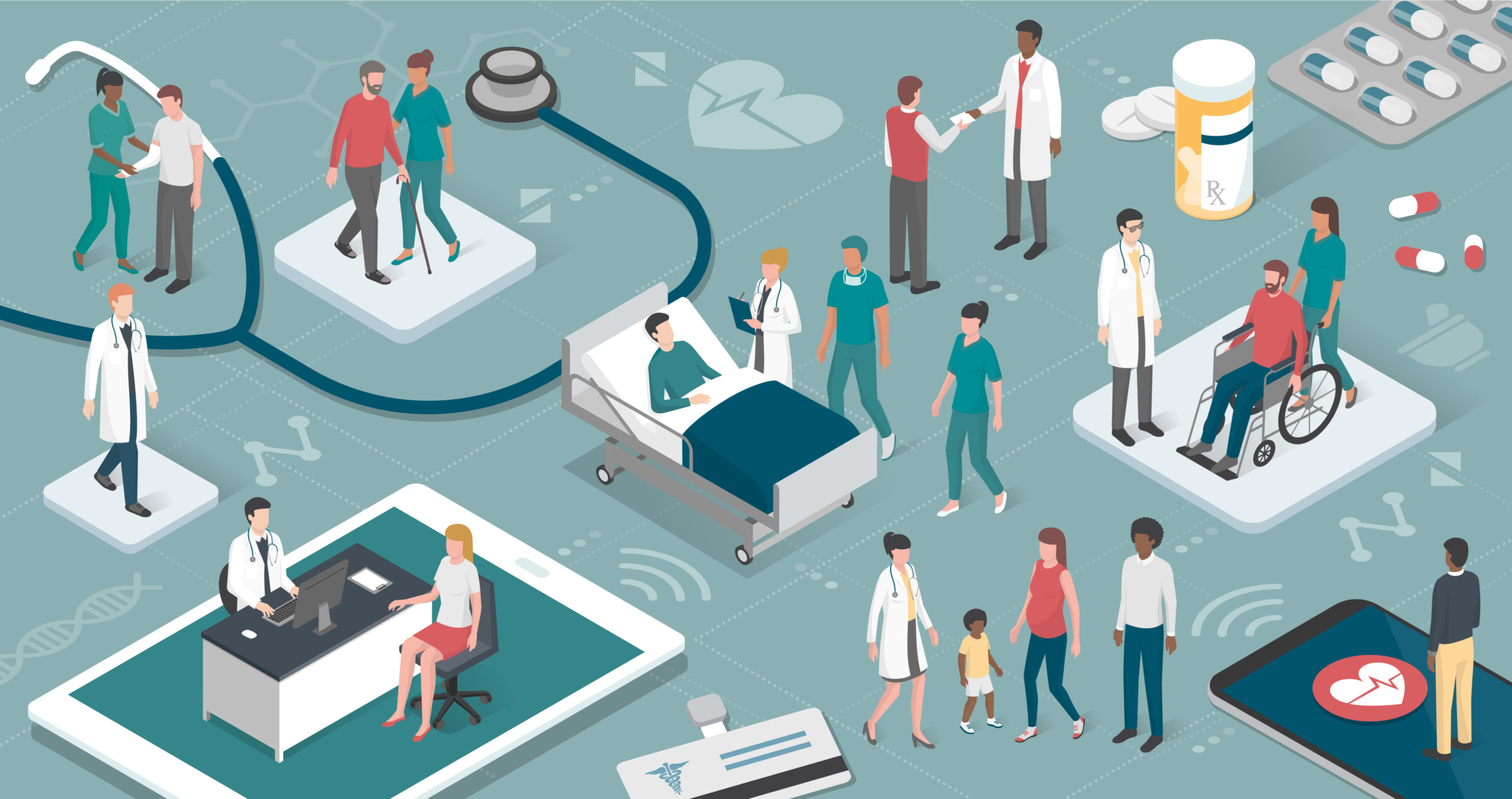 Illustration of diverse patients and healthcare professionals interacting in various medical settings, including consultations, hospital beds, wheelchair use, medication, and health symbols in a stylised, modern design.