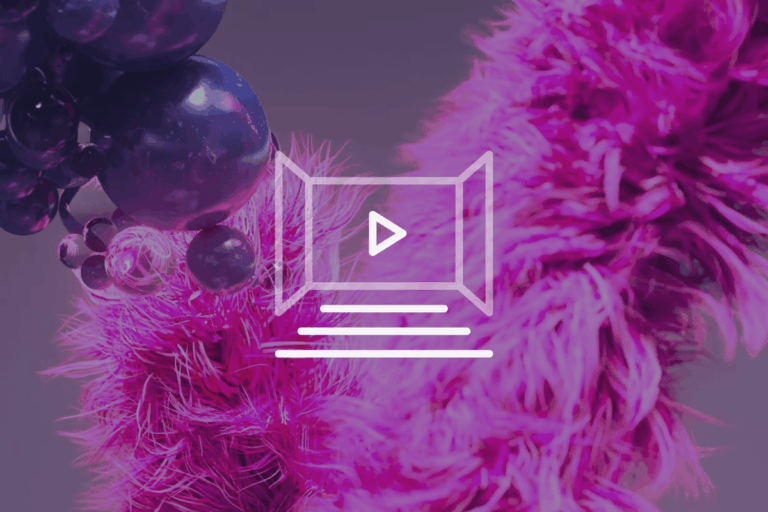 A white video play icon overlays abstract, fuzzy, magenta shapes and glossy dark spheres on a purple background.