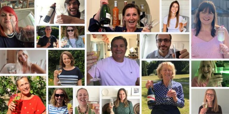 A collage of people smiling and raising drinks, including wine and champagne, whilst posing for selfies in various indoor and outdoor settings.