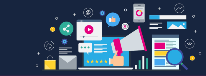 Colourful digital marketing graphic showing a laptop, megaphone, charts, mobile phone, emails, magnifying glass, thumbs up, and social media icons on a dark blue background.