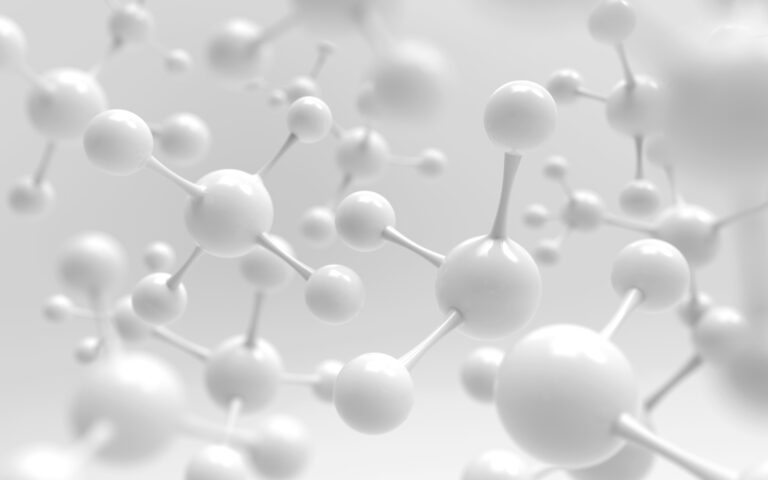 White 3D molecular structures with connected spheres and rods floating in a soft, blurred, white background, representing a scientific or chemical concept.